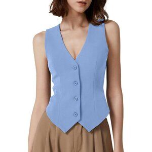 Women's Sky Blue V Neck Vest Top Sleeveless Button Down Lined Solid Crop Tops
